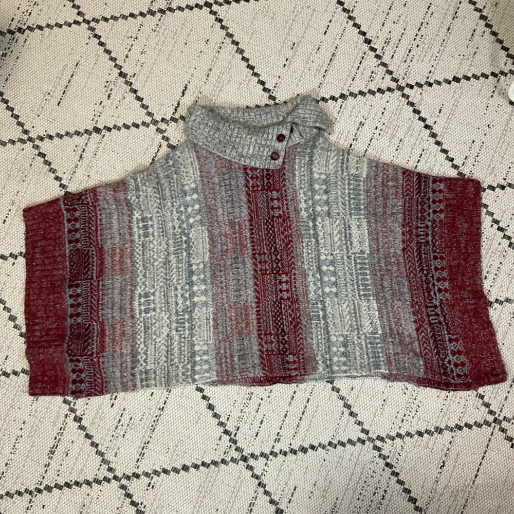 Free People Willow Poncho Sweater Pullover Cowl Neck Red Combo Sz S‎ - Picture 6 of 8
